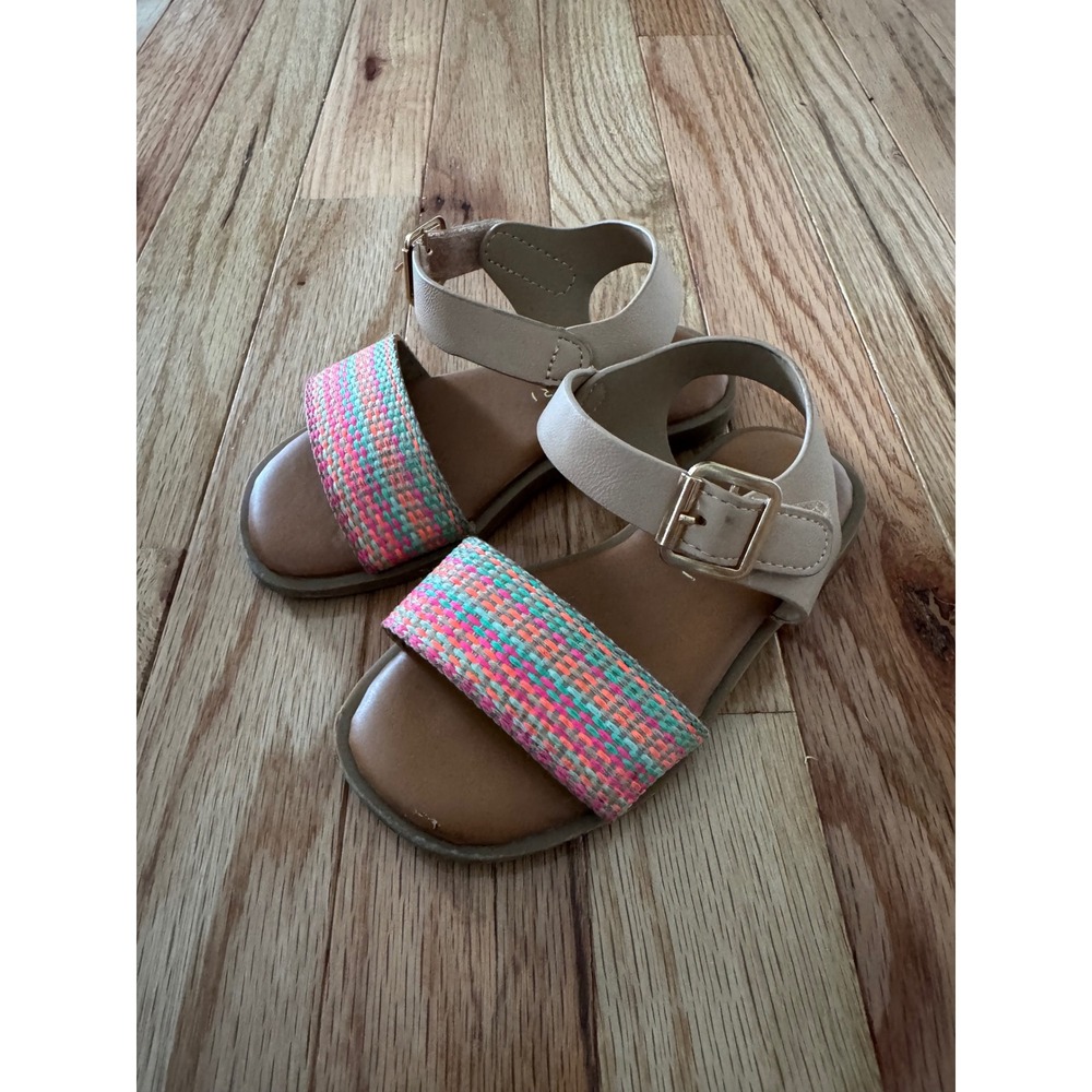 Tahari Girls Multi Color Woven Strap Sandals Beige Gold Buckle Size 8